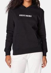 Bluza dresowa sportowa damska Skechers Signature Pullover Hoodie. Czarne bluzy damskie Skechers, na zimę, s, bez wzorów, z bawełny, z kapturem. Za 159.99 zł.