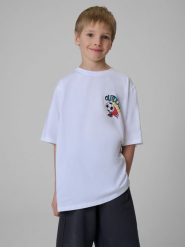 4F T-shirt loose z nadrukiem chłopięcy - biały 134/140 (8-10 lat). Białe t-shirty dla chłopców 4f, bez wzorów, z bawełny, bez ramiączek. Za 59.99 zł.