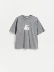 Bawełniany t-shirt z nadrukiem - ciemnoszary. Szare t-shirty damskie Reserved, l, bez wzorów, z bawełny, bez kołnierzyka. Za 59.99 zł.