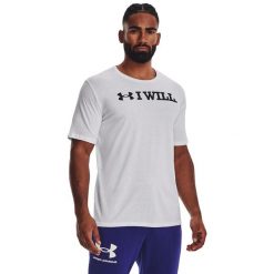 Koszulka fitness męska UNDER ARMOUR 1379023 z krótkim rękawem. Białe koszulki sportowe męskie Under Armour, m, bez wzorów, bez kołnierzyka, bez ramiączek, do biegania. Za 124.30 zł.