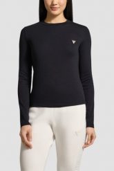 GUESS Czarna damska koszulka na długi rękaw Sonia, Rozmiar L. Czarne t-shirty damskie Guess, l, z aplikacjami, eleganckie, bez kołnierzyka. Za 249.99 zł.