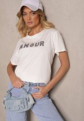 Biały Bawełniany T-shirt z Napisem z Cekinami Marivinna. Białe bluzki damskie Renee, m, bez wzorów, z bawełny, eleganckie, bez kołnierzyka. Za 34.99 zł.