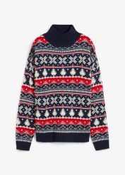 Sweter bożonarodzeniowy z golfem. Niebieskie swetry damskie bonprix, bez wzorów, bez kołnierzyka, bez ramiączek, bez kaptura. Za 109.99 zł.
