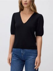 Bluzka z bufkami - czarny. Czarne bluzki damskie Reserved, l, bez wzorów, z dzianiny, bez kołnierzyka, bez ramiączek. Za 109.99 zł.