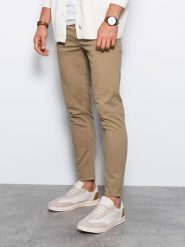 Spodnie męskie chinosy SLIM FIT - beżowe V27. Brązowe eleganckie spodnie męskie Ombre Clothing, m, bez wzorów, z bawełny. W wyprzedaży za 69.99 zł.