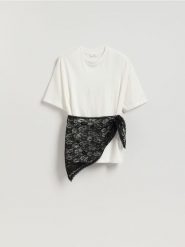 T-shirt z koronkową bandaną - złamana biel. T-shirty damskie Reserved, l, bez wzorów, z bawełny, bez kołnierzyka. Za 79.99 zł.