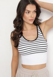 Czarno-Biały Tank Top w Paski z Prążkowanej Tkaniny Sesillia. Czarne bluzki damskie Born2be, s, bez wzorów, z jeansu, eleganckie, bez kołnierzyka, bez ramiączek. Za 24.99 zł.