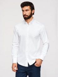 Klasyczna męska koszula SLIM FIT z tkaniny satynowej – biała V1 - Rozmiar: XL. Białe koszule męskie Ombre Clothing, m, bez wzorów, z bawełny, biznesowe, bez kołnierzyka, bez ramiączek. W wyprzedaży za 202.99 zł.