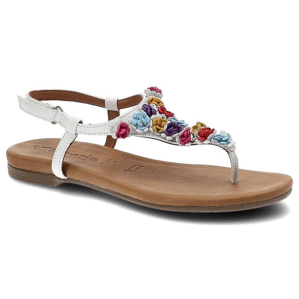 Białe Sandały Tamaris Wygodne Skórzane Buty. Białe sandały damskie Tamaris, z aplikacjami, ze skóry, bez obcasa, bez zapięcia. Za 159.00 zł.