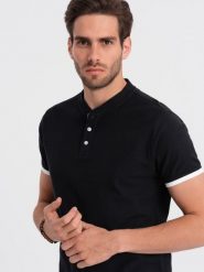 Ombre Męska koszulka polo bez kołnierzyka - czarna V8 OM-TSCT-0156 L. Czarne koszulki polo męskie Ombre, l, bez wzorów, bez ramiączek. Za 79.99 zł.
