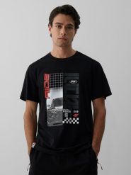 4F T-shirt regular z nadrukiem męski - czarny XL. Czarne koszulki sportowe męskie 4f, m, bez wzorów, z bawełny, bez kołnierzyka, bez ramiączek, trekkingowe. Za 79.99 zł.
