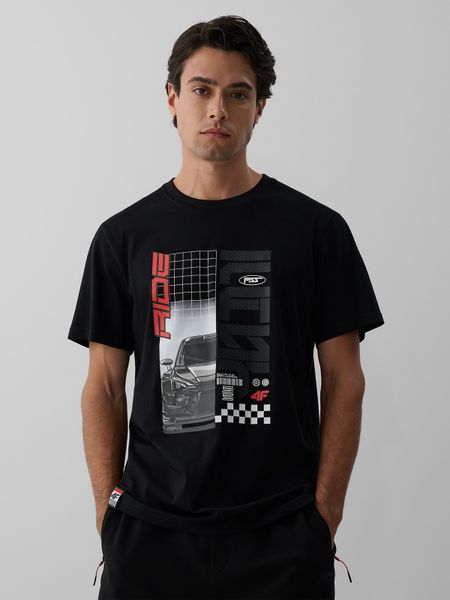 4F T-shirt regular z nadrukiem męski - czarny XL. Czarne koszulki sportowe męskie 4f, m, bez wzorów, z bawełny, klasyczne, bez kołnierzyka. Za 79.99 zł.