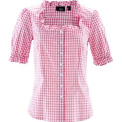 Bluzka ludowa, krótki rękaw bonprix matowy różowy - biały w kratę. Czerwone bluzki damskie bonprix, bez wzorów, bez kołnierzyka. Za 32.99 zł.