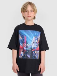 4F T-shirt oversize z nadrukiem chłopięcy - czarny 128 (7-8 lat). Czarne t-shirty dla chłopców 4f, bez wzorów, z bawełny, bez ramiączek. W wyprzedaży za 49.99 zł.