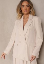 Jasnobeżowa Marynarka Dwurzędowa z Usztywnionymi Ramionami Emivori. Brązowe żakiety damskie Renee, l, bez wzorów, z jeansu, eleganckie. Za 109.99 zł.