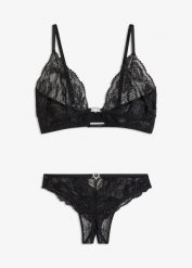 "Biustonosz bralette + stringi ""ouvert"" (2 części)". Czarne stringi damskie bonprix, bez wzorów. Za 124.99 zł.