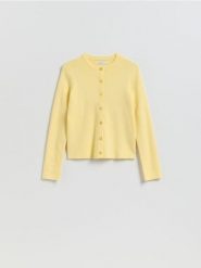 Kardigan z dodatkiem modalu - jasnożółty. Żółte kardigany damskie Reserved, l, bez wzorów, z dzianiny. Za 119.99 zł.