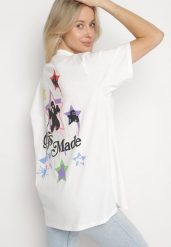 Biały T-shirt z Bawełną Ozdobiony Gwiazdami Karretia. Białe bluzki damskie Born2be, l, bez wzorów, z bawełny, eleganckie, bez kołnierzyka, bez ramiączek. Za 49.99 zł.