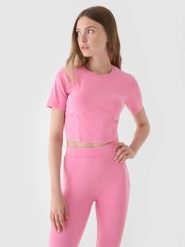 4F Crop top slim gładki damski - różowy S. Czerwone koszulki sportowe damskie 4f, s, bez wzorów, z bawełny, bez kołnierzyka, bez ramiączek. Za 69.99 zł.