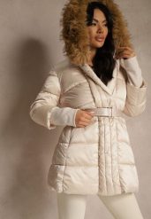 Beżowa Pikowana Kurtka z Paskiem i Kapturem z Futerkiem Lilittia. Brązowe kurtki damskie Renee, na zimę, l, bez wzorów, z dzianiny. Za 299.99 zł.