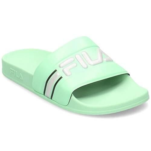 Klapki damskie Fila Oceano Neon Slipper. Zielone klapki damskie Fila, bez wzorów, z materiału, bez obcasa. Za 229.99 zł.