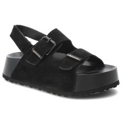 Sandały damskie Big Star, cholewka ze skóry naturalnej zamszowej z regulowanymi paskami i sprzączkami na grubej podeszwie, czarne, TT274237. Czarne klapki damskie Big Star, bez wzorów, ze skóry, bez obcasa, na platformie, bez zapięcia. Za 215.90 zł.