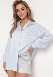Niebieska Koszula Zapinana na Guziki z Kieszonką Uloedri. Niebieskie bluzki damskie Born2be, l, bez wzorów, z jeansu, biznesowe, bez kołnierzyka, plus size, bez ramiączek. Za 119.99 zł.