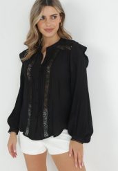 Czarna Koszula z Guzikami i Ozdobną Koronką Penelina. Czarne bluzki damskie Born2be, l, bez wzorów, z koronki, eleganckie, bez kołnierzyka, bez ramiączek. Za 139.99 zł.