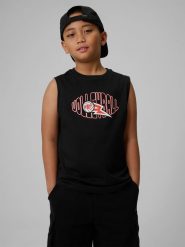 4F Koszulka bez rękawów loose z nadrukiem chłopięca - czarna 134 (8-9 lat). Czarne t-shirty dla chłopców 4f, bez wzorów, z bawełny, bez ramiączek. Za 39.99 zł.