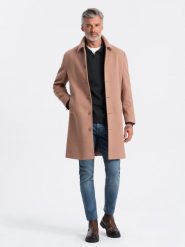 Jednorzędowy męski długi płaszcz z kołnierzykiem i podpinką brązowy V2 OM-COWC-0106 XXL. Brązowe płaszcze męskie Ombre, m, bez wzorów, długie, bez kaptura. Za 922.86 zł.