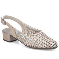 Sandały damskie metaliczne beżowe Rieker 47078-90. Brązowe sandały damskie Rieker, bez wzorów, ze skóry ekologicznej, bez obcasa, bez zapięcia. Za 319.00 zł.