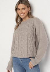 Szary Sweter z Wełną Ściągaczem i Tłoczeniem Riavonnae. Szare swetry damskie Born2be, bez wzorów, z jeansu, eleganckie, bez kołnierzyka, bez ramiączek, bez kaptura. Za 59.99 zł.