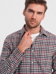 Męska flanelowa koszula w kratę - granatowo-czerwona V3 - Rozmiar: L. Czerwone koszule męskie Ombre Clothing, l, bez wzorów, z bawełny, klasyczne, bez kołnierzyka, bez ramiączek. W wyprzedaży za 79.99 zł.