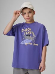 4F T-shirt loose z nadrukiem chłopięcy - fioletowy 158/164 (12-14 lat). Fioletowe t-shirty dla chłopców 4f, bez wzorów, z bawełny, bez ramiączek. Za 49.99 zł.