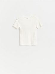 T-shirt z modalem - biały. Białe t-shirty damskie Reserved, l, bez wzorów, z bawełny, bez kołnierzyka. Za 49.99 zł.