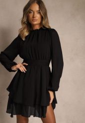 Czarna Sukienka z Siateczki o Rozkloszowanym Kroju z Bufiastymi Rękawami Aziva. Czarne sukienki damskie Renee, na co dzień, l, bez wzorów, bez kołnierzyka, bez ramiączek, maxi, proste. Za 139.99 zł.