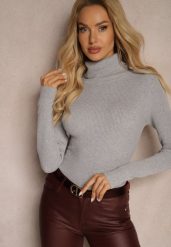 Szary Golf w Prążki Erinela. Szare swetry damskie Renee, m, bez wzorów, z jeansu, eleganckie, bez kołnierzyka, bez ramiączek, długie, bez kaptura. Za 39.99 zł.