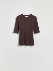 T-shirt z mikromodalu - ciemnobrązowy. Brązowe t-shirty damskie Reserved, l, bez wzorów, z dzianiny, bez kołnierzyka. Za 99.99 zł.