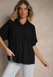 Czarna Koszula z Wiskozą Ozdobiona Falbankami Oleldi. Czarne bluzki damskie Renee, bez wzorów, z jeansu, eleganckie, bez kołnierzyka, bez ramiączek. Za 54.99 zł.