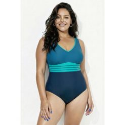 Damski Strój kąpielowy złota lamówka miękkie miseczki dekolt w serek. Niebieskie kostiumy jednoczęściowe damskie Ulla Popken, plus size, bez wzorów, z elastanu, sportowe, plus size, do pływania. Za 239.99 zł.