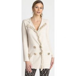 SWETER ELISABETTA FRANCHI. Białe sukienki damskie Elisabetta Franchi, na imprezę, z aplikacjami, z dzianiny, bez kołnierzyka, bez ramiączek. Za 1,609.30 zł.