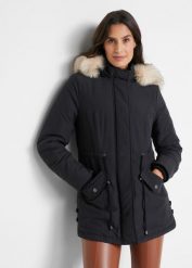 Parka. Czarne kurtki damskie bonprix, bez wzorów, z kapturem. Za 299.99 zł.