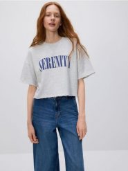 T-shirt z nadrukiem - jasnoszary. Szare t-shirty damskie Reserved, l, bez wzorów, z bawełny, bez kołnierzyka. W wyprzedaży za 39.99 zł.