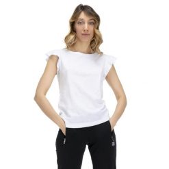 T-shirt damski z falbaną w kolorach ziemi. Białe obuwie sportowe damskie LEONE 1947 APPAREL, bez wzorów, z tkaniny, na fitness i siłownię. W wyprzedaży za 83.85 zł.