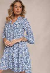 Niebieska Rozkloszowna Sukienka z Bawełny w Ornamentalny Wzór z Falbaną Lanariella. Niebieskie sukienki damskie Renee, l, bez wzorów, z bawełny, bez kołnierzyka, bez ramiączek, mini, rozkloszowane. Za 39.99 zł.