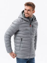 Kurtka męska pikowana z kapturem - szara V2. Szare kurtki męskie Ombre Clothing, m, bez wzorów, z nylonu, z kapturem. W wyprzedaży za 119.99 zł.