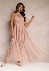 Różowa Maxi Sukienka o Rozkloszowanym Fasonie z Długim Tiulem i Ozdobnymi Cyrkoniami Amorah. Czerwone sukienki damskie Renee, na imprezę, bez wzorów, z tiulu, eleganckie, bez kołnierzyka, bez ramiączek, maxi, rozkloszowane. Za 89.99 zł.