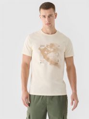 4F T-shirt regular z nadrukiem męski - beżowy XL. Brązowe koszulki sportowe męskie 4f, m, bez wzorów, z bawełny, klasyczne, bez kołnierzyka. W wyprzedaży za 39.99 zł.