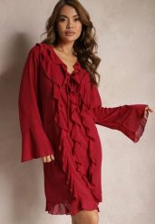 Bordowa Sukienka z Rozkloszowanymi Rękawami Wiązaniem Przy Dekolcie i Falbankami Honoris. Czerwone sukienki damskie Renee, na imprezę, xl, bez wzorów, eleganckie, bez kołnierzyka, bez ramiączek, rozkloszowane. Za 89.99 zł.