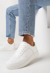 Białe Sneakersy na Grubej Podeszwie z Ekoskóry z Przeszyciami Geriada. Białe obuwie sportowe damskie Born2be, bez wzorów. Za 59.99 zł.